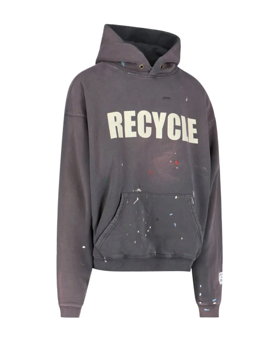 GALLERY DEPT. 90'S RECYCLE HOODIE WASHED BLACK 90'S washed hoodie with distressed eco-friendly slogans. Washed black S-XL. Ready-made garments are washed and dyed again. Multiple spots throughout the body are spray-faded. The ribs are cut and worn.